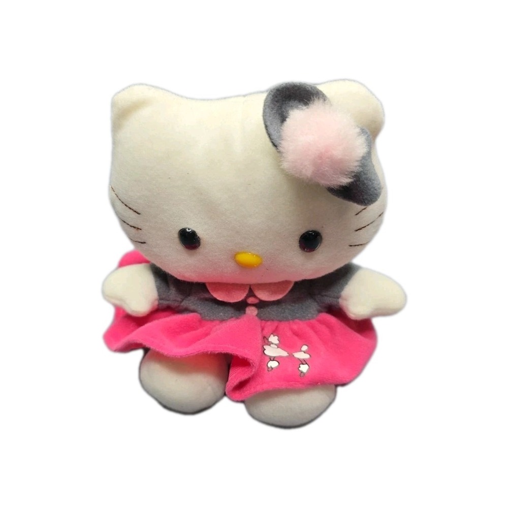 Vintage Hello Kitty Bean Bag Plush w/ Poodle Skirt, Pink/Gray/White, 6" 2003